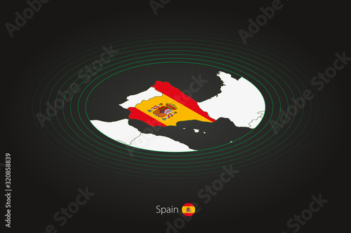 Spain map in dark color, oval map with neighboring countries.
