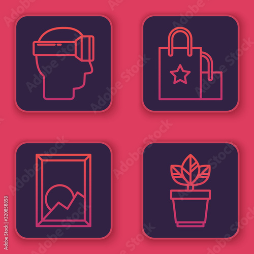 Set line Virtual reality glasses, Picture landscape, Paper shopping bag and Flowers in pot. Blue square button. Vector