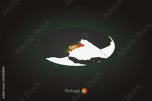 Portugal map in dark color, oval map with neighboring countries.