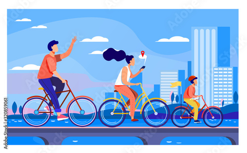 Happy young family riding on bikes at park flat vector illustration. Cycling along road near the water with city on background. Summer activity and healthy lifestyle concept.