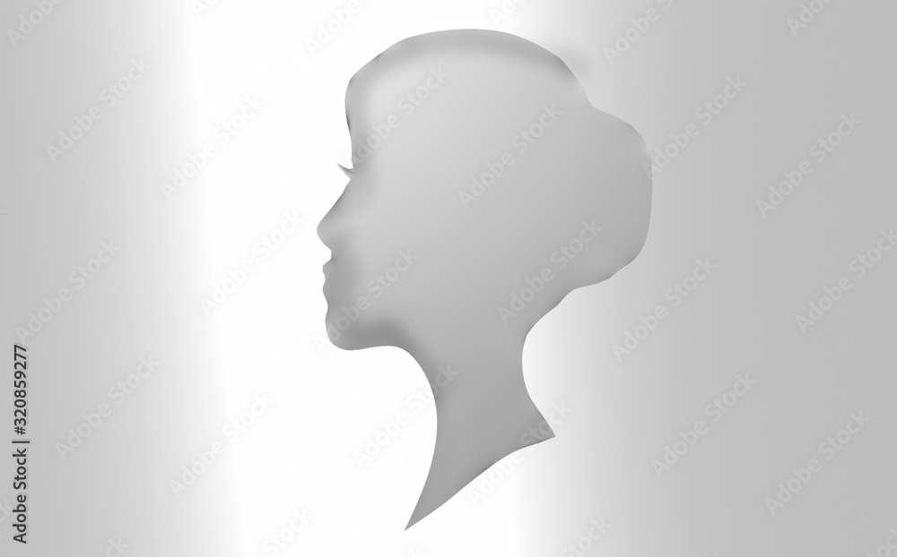 Female face of gray color on a white background. Heads up. Female image. 3d rendering.