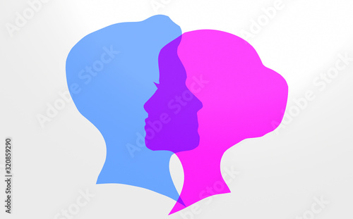 Silhouetted by men and women. Head in blue and pink on a white background. Relationship 3D rendering © Катерина череднiченк