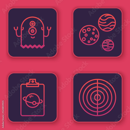 Set line Alien, Planet, Planet and Earth structure. Blue square button. Vector
