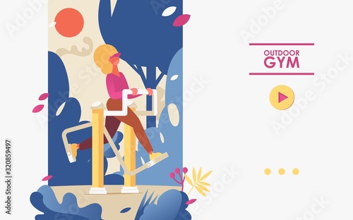 Vector concept banner with woman in park training on outdoor gym machine. Landing page template good for healthy lifestyle web page