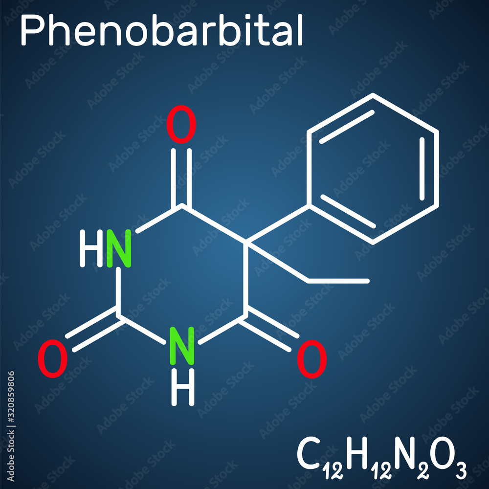 Phenobarbital, phenobarbitone or phenobarb, C12H12N2O3  molecule. It is a medication for the treatment of epilepsy. Structural chemical formula on the dark blue background