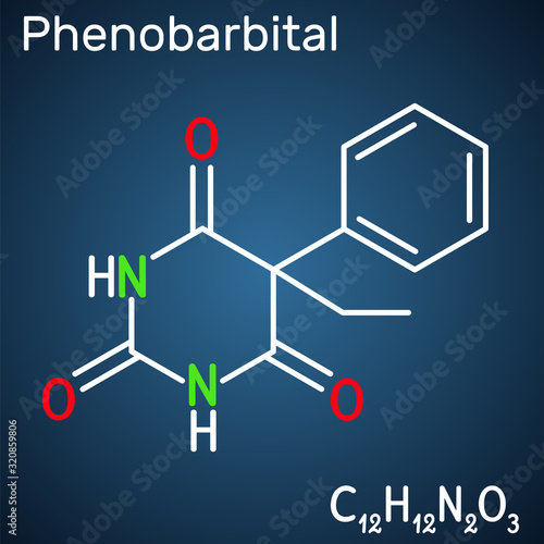Phenobarbital, phenobarbitone or phenobarb, C12H12N2O3  molecule. It is a medication for the treatment of epilepsy. Structural chemical formula on the dark blue background