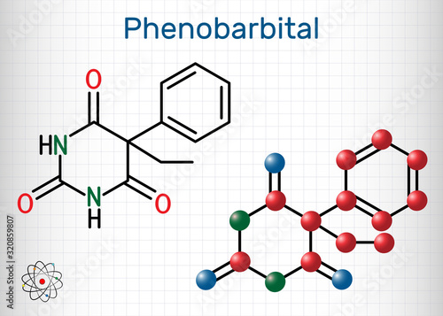 Phenobarbital, phenobarbitone or phenobarb, C12H12N2O3  molecule. It is a medication for the treatment of epilepsy. Structural chemical formula and molecule model. Sheet of paper in a cage