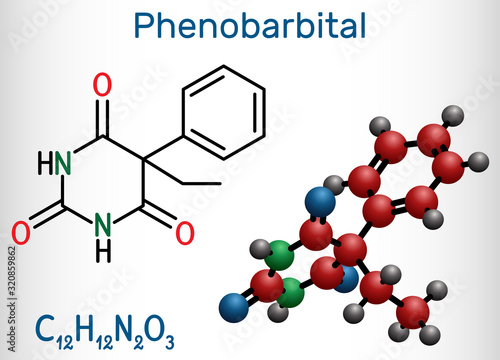 Phenobarbital, phenobarbitone or phenobarb, C12H12N2O3  molecule. It is a medication for the treatment of epilepsy. Structural chemical formula and molecule model