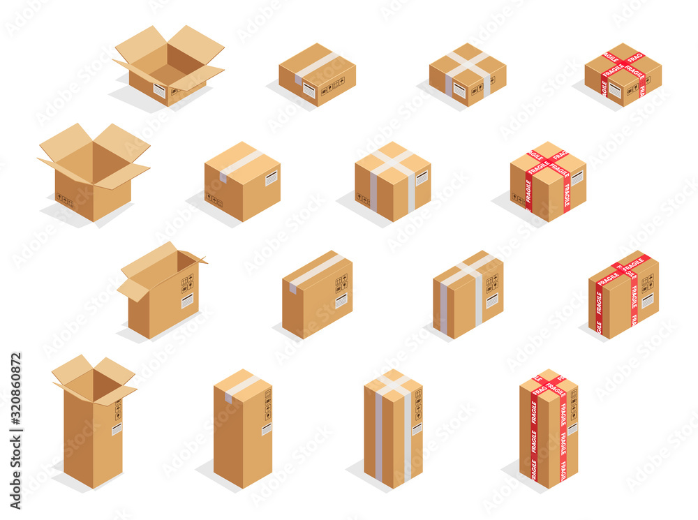All types of carton box. Realistic cardboard boxes template. Fragile scotch tape. Open and closed packages. Delivery mockup. Blank brown pack collection. Frail icon. Vector illustration.