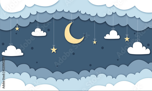 Hintergrund in Papierschnitt, Mond, Sterne und Wolken hängen von der Decke, Banner, Freisteller, Textfreiraum, Vorlage	