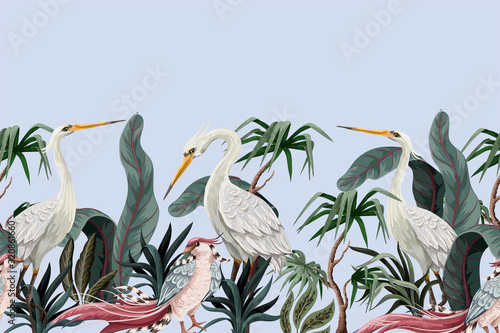 Border in chinoiserie style with storks and peonies. Vector.