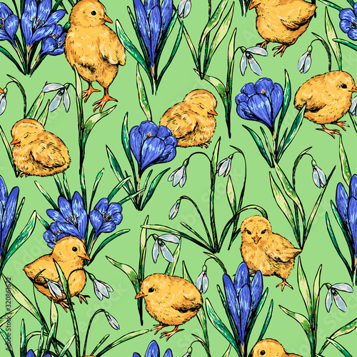 Spring time vector seamless pattern. Flowers snowdrops, crocuses, chickens hand drawn background. Colored bright wallpaper for Easter design, textile, prints, wrapping, card. Vintage sketch style.