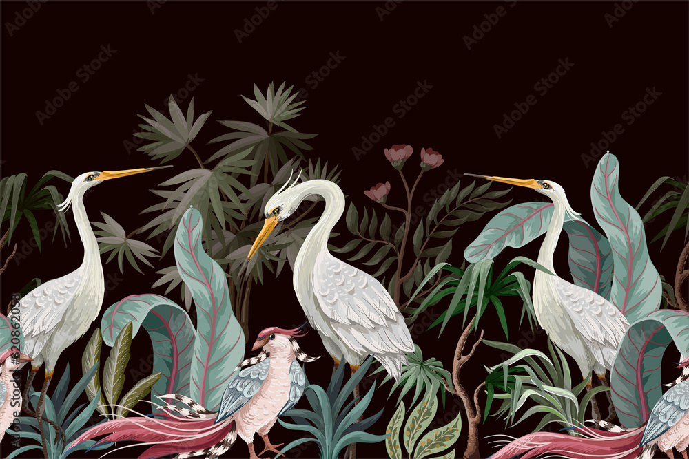 Fototapeta Border in chinoiserie style with storks and peonies. Vector.