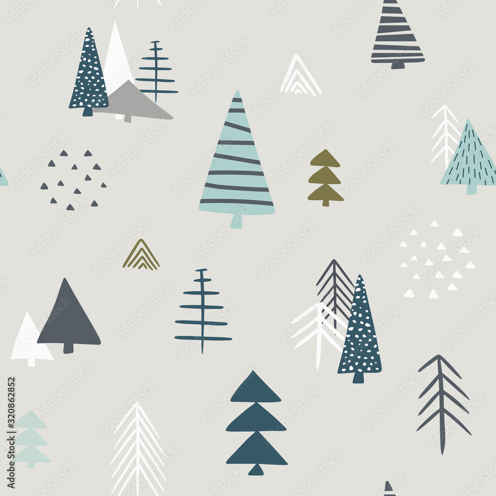 Seamless pattern with of woodland with cute pine trees. Creative scandinavian kids texture for wrapping paper, fabric, textile, gender-neutral kid nursery design - obrazy, fototapety, plakaty 