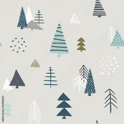 Seamless vector pattern with of woodland with cute pine trees. Creative scandinavian kids texture for wrapping paper, fabric, textile, gender-neutral kid nursery design