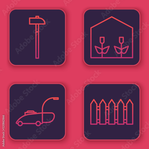 Set line Hammer, Lawn mower, Home greenhouse and plants and Garden fence wooden. Blue square button. Vector
