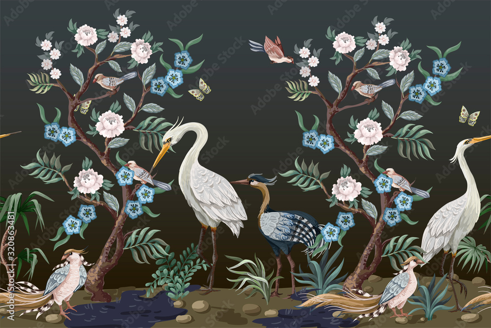 Fototapeta Border in chinoiserie style with herons and peonies. Vector.