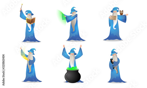 Set of colorful wizard character in different action situations. Vector illustration in flat cartoon style.
