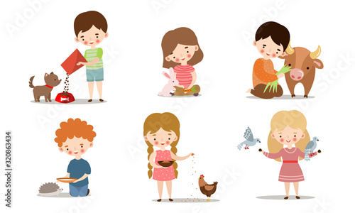 Set of kids feeding and taking care of wild and pet animals. Vector illustration in flat cartoon style.