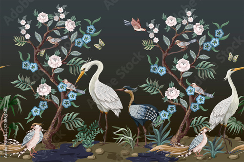 Border in chinoiserie style with herons and peonies. Vector.