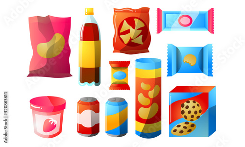 Set of colorful fast food, vending products packages. Vector illustration in flat cartoon style.