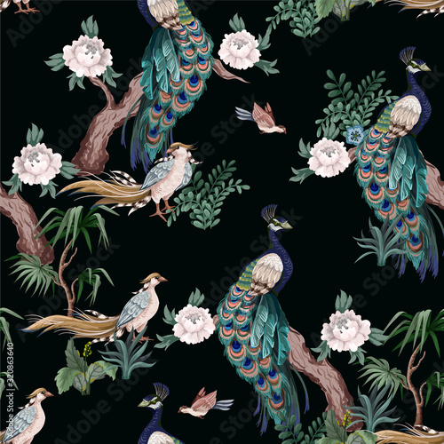 Seamless pattern in chinoiserie style with storks, birds and peonies. Vector,