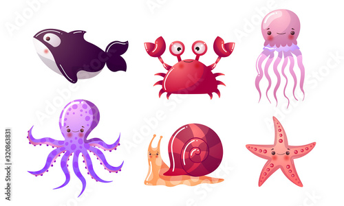 Set of colorful sea and ocean creatures. Vector illustration in flat cartoon style.
