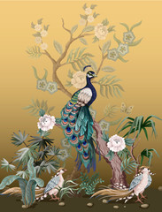 Fototapete Pfau Chinoiserie Bordüre mit Reihern und Pfingstrosen  © Yumeee