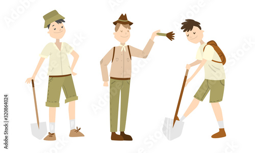 Set of three cartoon archaeologist characters at work. Vector illustration in flat cartoon style.