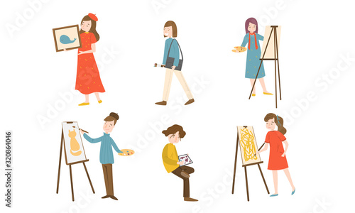 Set of different colorful painters. Vector illustration in flat cartoon style.