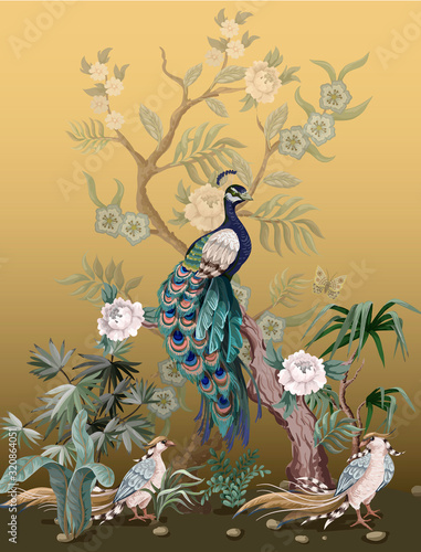 Wallpaper Mural Border in chinoiserie style with herons, peacock and peonies