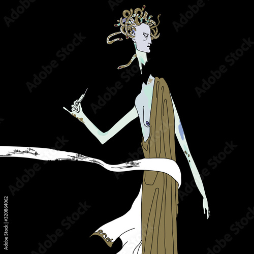 Medusa Gorgon. Ancient Greek goddess with snake hair. Female archetype. Destruction and death..