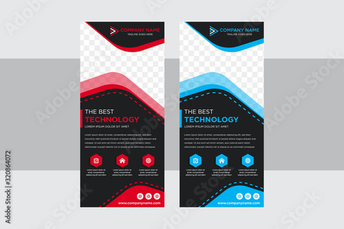 Construction roll up vertical banner design templates set. Abstract geometry with colored black vector illustration on background. red and blue on design element. space for photo on top. 