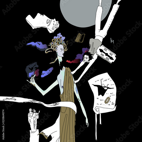 Medusa Gorgon. Surreal original style art. Goddess of death and destruction. Problem or drug addiction and suicide. isolated vector illustration.