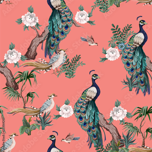 Seamless pattern in chinoiserie style with storks, birds and peonies. Vector,