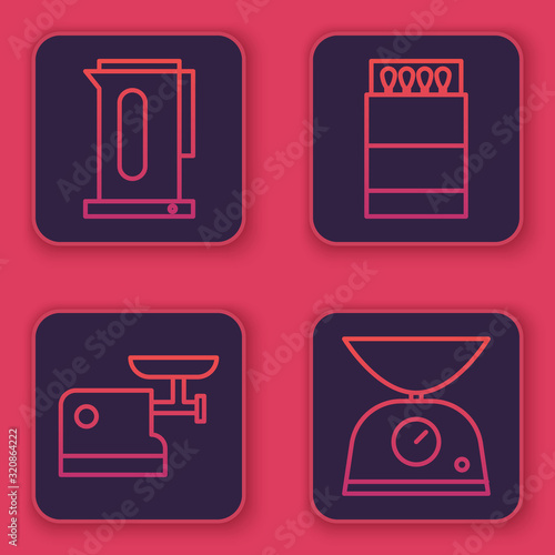 Set line Kettle with handle, Kitchen meat grinder, Open matchbox and matches and Scales. Blue square button. Vector