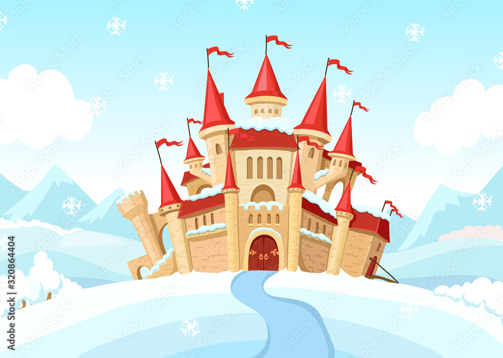 Medieval castle on winter landscape. Cartoon snowy fary tale palace Vector illustration