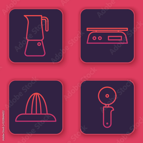 Set line Moka pot, Citrus fruit juicer, Electronic scales and Pizza knife. Blue square button. Vector
