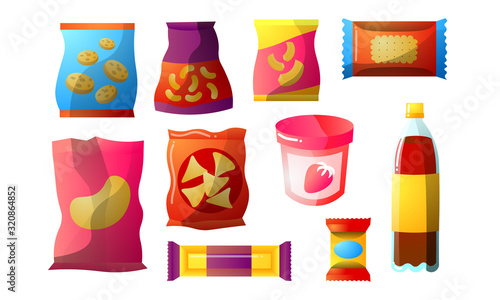 Set of colorful fast food, vending products packages. Vector illustration in flat cartoon style.