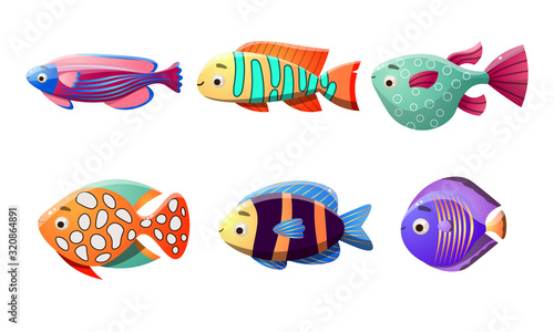 Set of different colorful coral reef fishes. Vector illustration in the flat cartoon style.