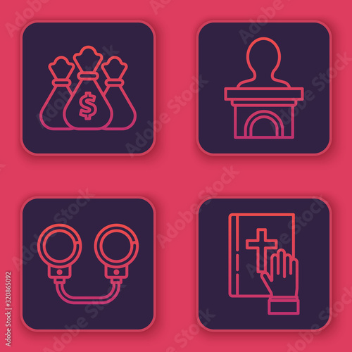 Set line Money bag, Handcuffs, Stage stand or debate podium rostrum and Oath on the Holy Bible. Blue square button. Vector