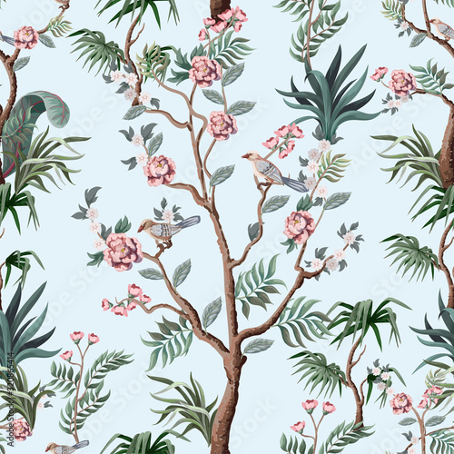 Seamless pattern in chinoiserie style with peonies. Vector, © Yumeee