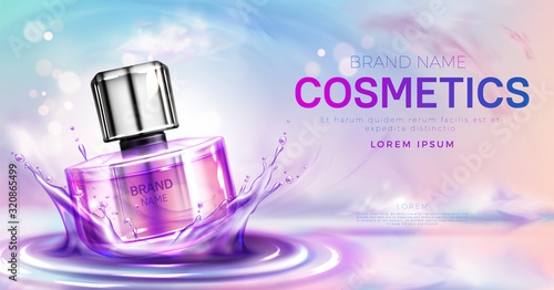 Cosmetics perfume bottle on splashing water surface with circles on pink cloudy sky background. Glass spray tube package promo mockup banner design. cosmetics product Realistic 3d vector illustration