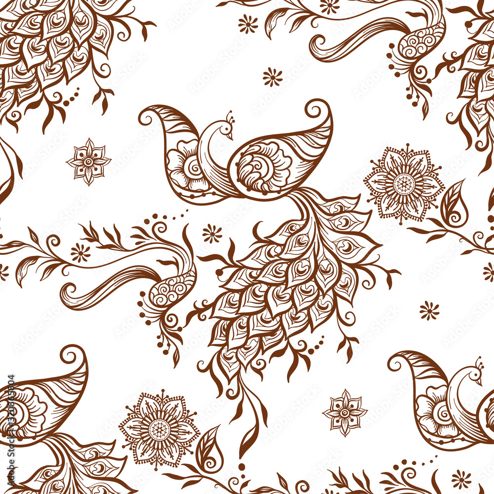 Eastern ethnic style compositions, mehendi, traditional indian henna floral ornament with peacock. Seamless pattern, background. Vector illustration.. Eastern ethnic style compositions, mehendi, traditional indian henna floral ornament with peacock. Seamless pattern, background. Vector illustration..
