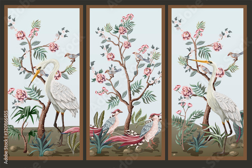 Folding screen in chinoiserie style with storks and peonies. Vector.