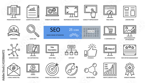 Vector set of SEO optimization icons with editable stroke. strategy, competitor analysis, responsive web design, usability improvement, page speed, landing, teamwork, conversion rate, semantic core