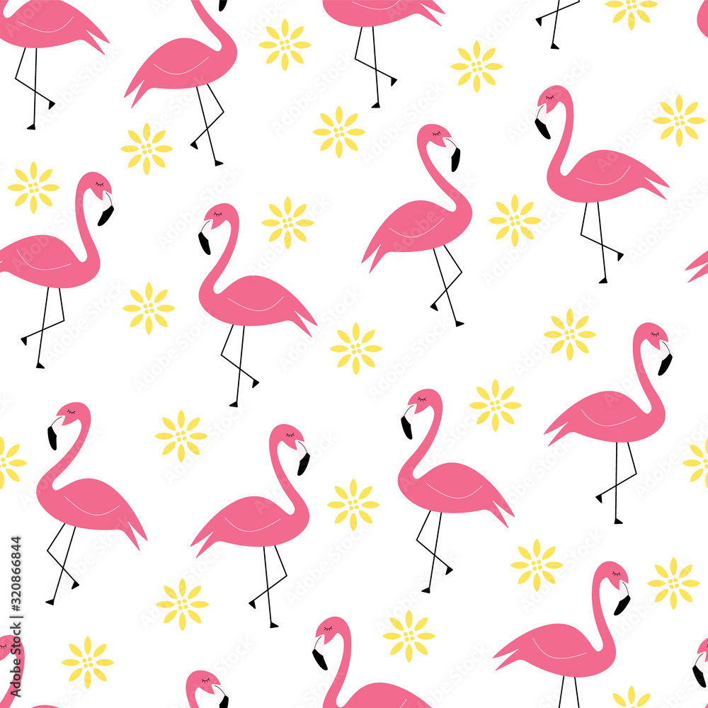 Vector seamless pattern of flamingos and flowers.