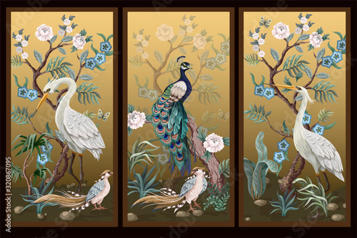 Folding screen in chinoiserie style with peacock and peonies on golden background. Vector.