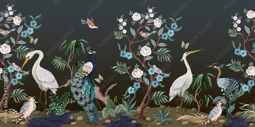 Fototapeta Border in chinoiserie style with herons, peacock and peonies. Vector.