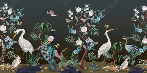 Obraz Border in chinoiserie style with herons, peacock and peonies. Vector.